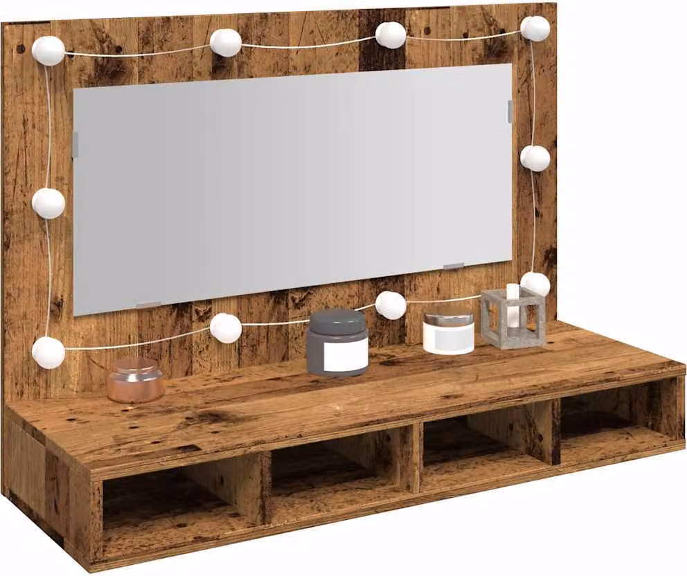Mobile a Specchio con LED Legno Antico 90x31,5x62 cm