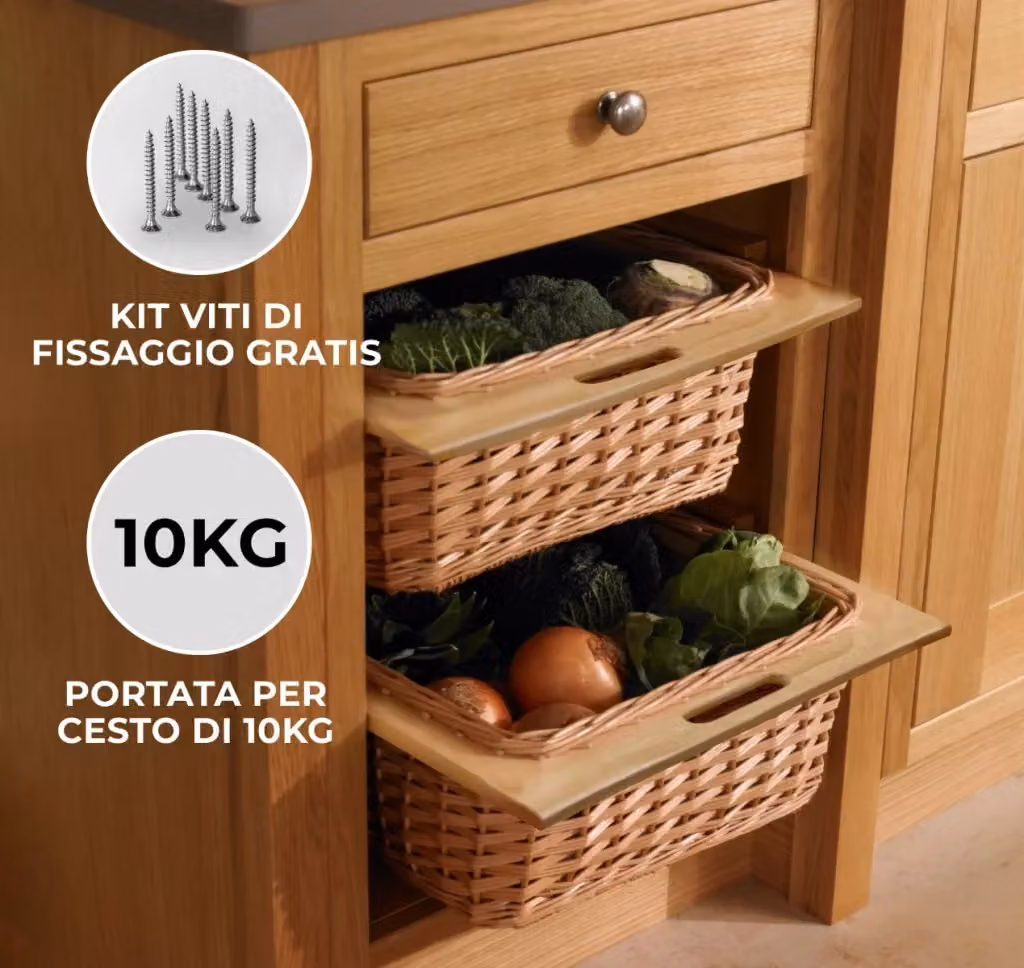 Set di 3 Cestelli Estratibili in Vimini Marrone con Telaio e Binari in Legno di Faggio per Organizzazione Dispensa e Credenza da 60 cm Monster Shop – 2