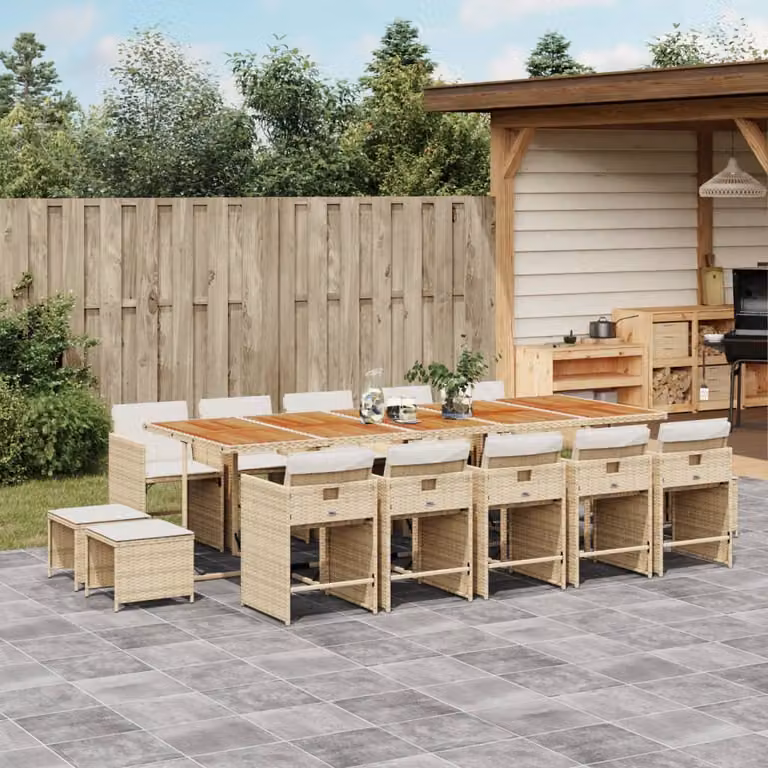 Set da pranzo da giardino vidaXL in polyrattan con cuscini beige e legno di acacia, 15 pezzi