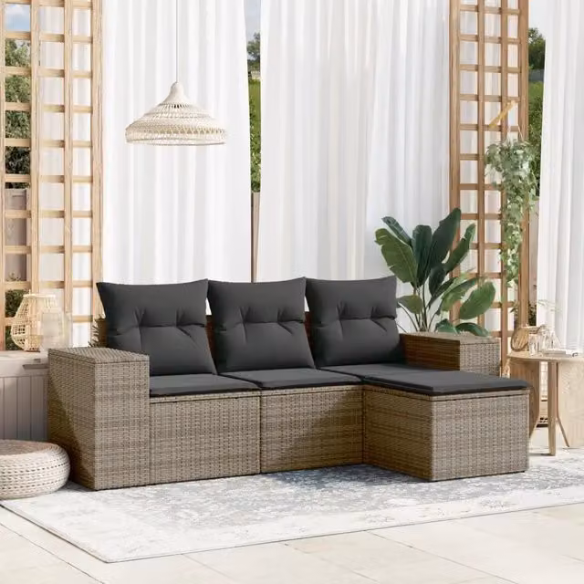 Set Divani da Giardino Moderno DESIGN IN in Polyrattan Grigio con Cuscini e Ottoman 4 Pezzi – 1
