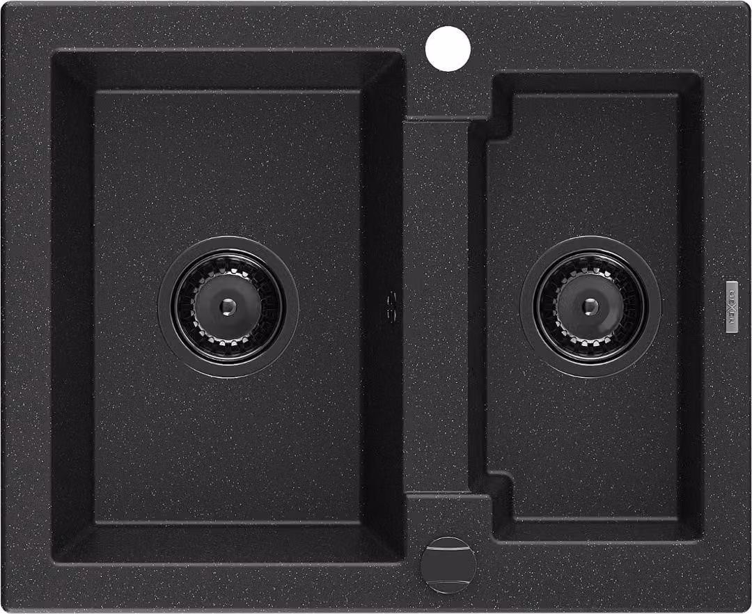 Mexen Carlos lavello in granito a 1,5 vasche 582 x 475 mm, nero/argento metallizzato, sifone nero - 6518581500-73-B