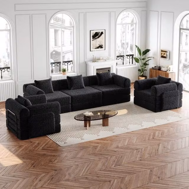 Divano letto modulare OKWISH in ciniglia nero con struttura in metallo e vano portaoggetti nel bracciolo