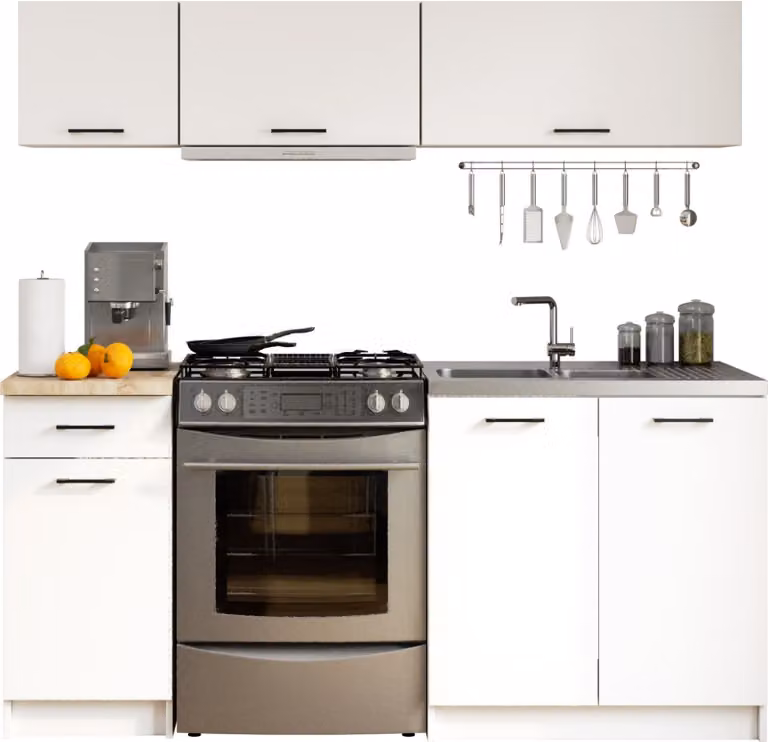 Set da cucina: un cassetto, sei ante, sei ripiani, colore: bianco