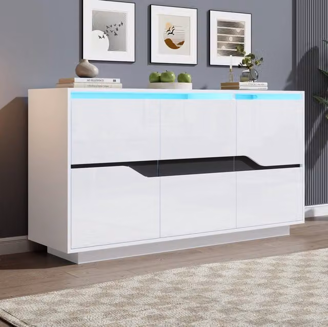 Sideboard 140x40x70 cm con 3 ante, ripiani regolabili, finitura lucida bianco e nero con illuminazione LED