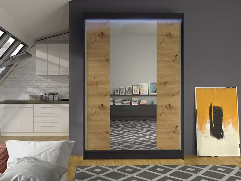 MIRJAN24 Armadio ad ante scorrevoli Lino II, con specchio, armadio del produttore (nero / rovere Artisan, con illuminazione LED RGB)