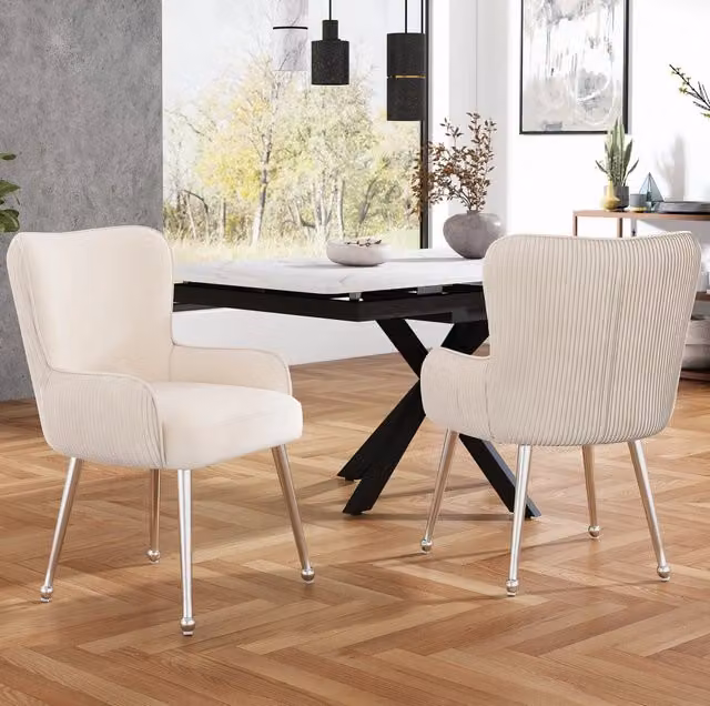 Set di 2 sedie beige in velluto con braccioli, piedi metallici regolabili