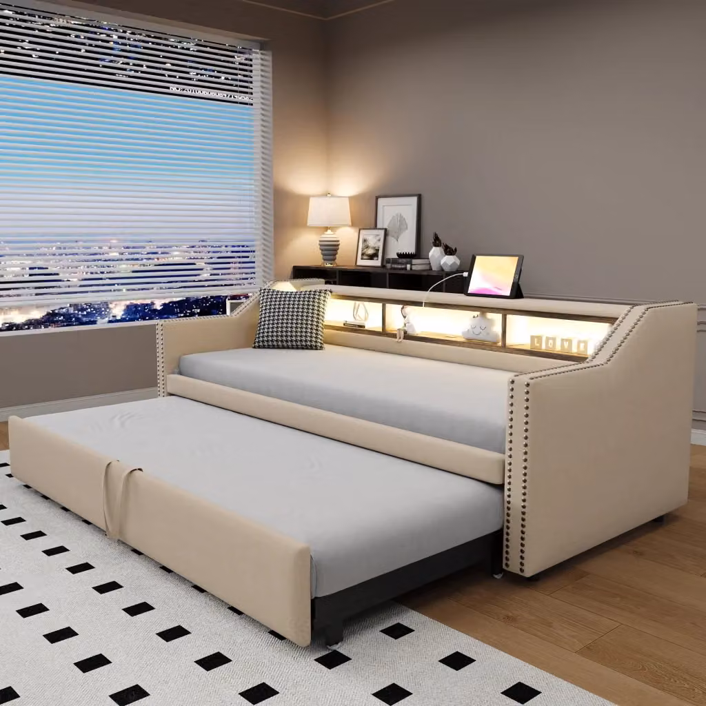 Divano letto estraibile WISHDOR beige con vani laterali e porte USB, struttura salvaspazio in tessuto, L/P/H: 190 x 90 x 102 cm – 2
