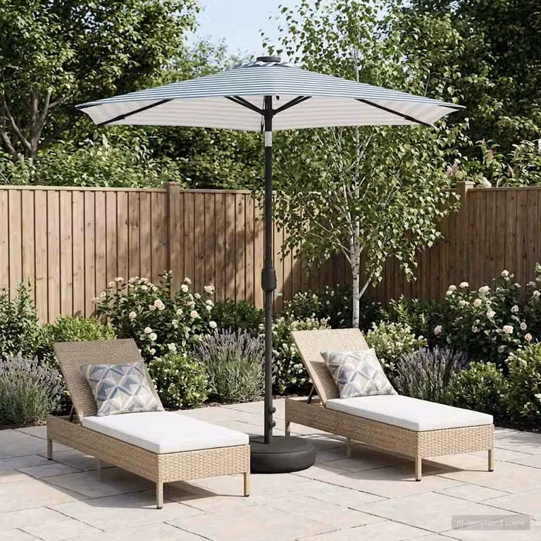 Parasol da giardino con luci LED e base vidaXL in poliestere, bianco e blu, 226 x 226 cm