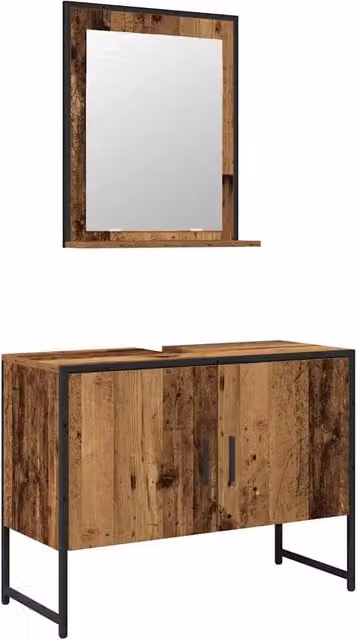Set di mobili da bagno moderno composto da mobile sottolavabo e armadietto con specchio in legno e vetro, colore marrone, sospesi a parete, L: 80.0 cm, P: 33.0 cm, H: 60.0 cm