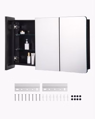 Armadietto per Medicinali VEVOR con 3 Ante a Specchio e Ripiani in Vetro Regolabili, Telaio in Alluminio per Installazione a Incasso o a Parete, H 101,7 cm x L 64,7 cm x P 14,3 cm