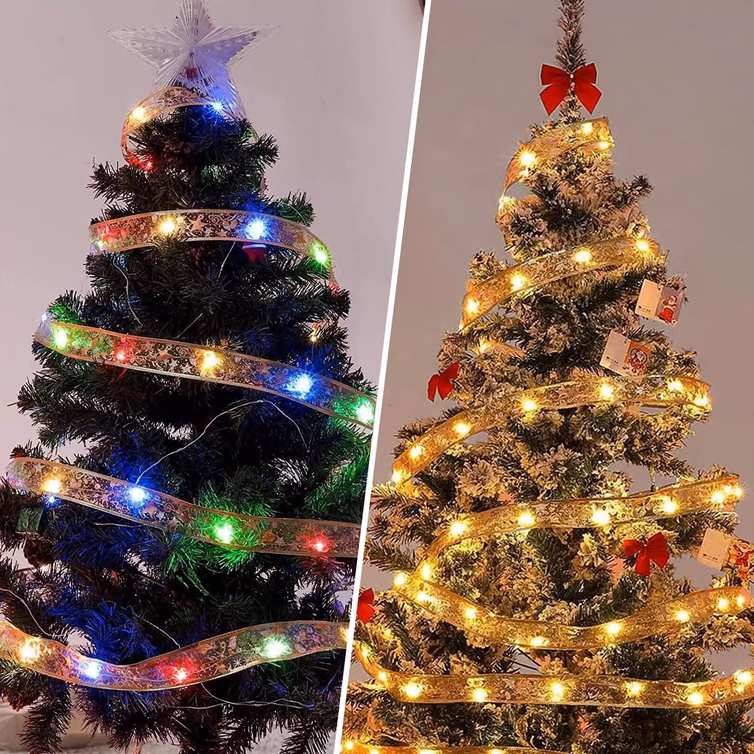 Catena luminosa da 5 metri, con 50 LED, alimentata a batteria, color oro, multicolore