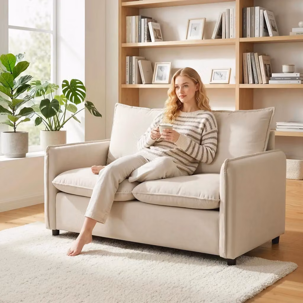 Divano 2 Posti Giordanoshop Moderno in Tessuto con Effetto Pelle, Beige/Bianco, L: 131 cm, P: 73 cm, H: 80 cm – 2