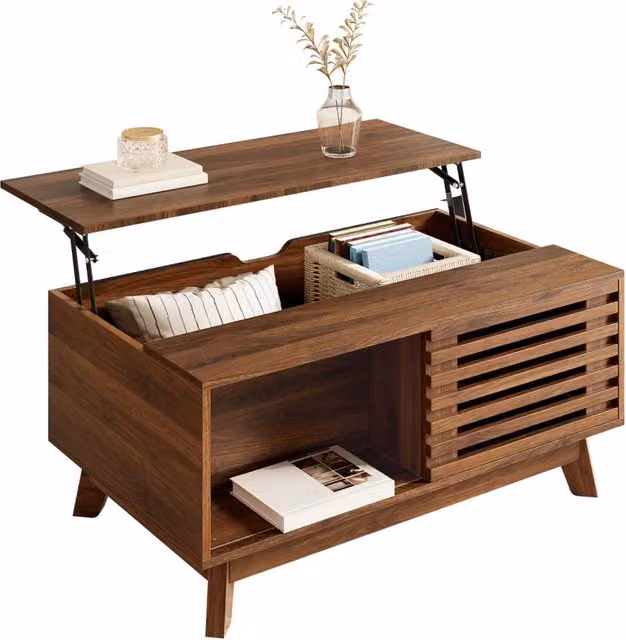 Tavolino da Salotto Moderno Retro in MDF con Finitura Noce, Piano Regolabile in Altezza e Anta Scorrevole a Persiana, Mobile Multifunzionale
