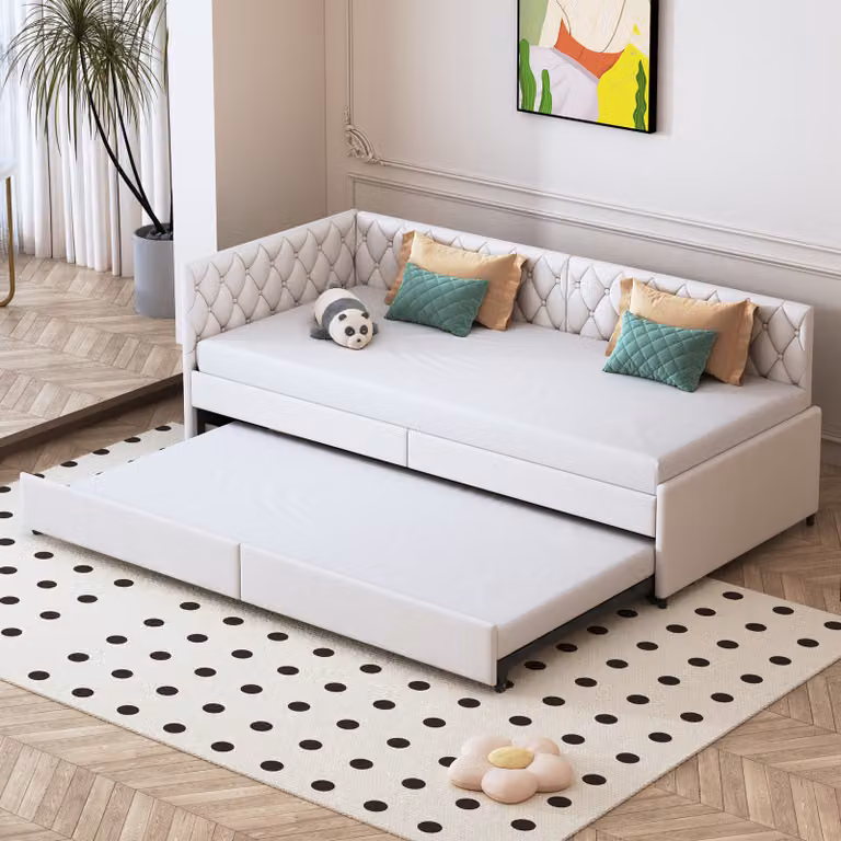Divano letto Moonbite, 90x200 cm, in velluto beige, trasformabile in letto per ospiti, con rete a doghe, rivestito in velluto, colore beige