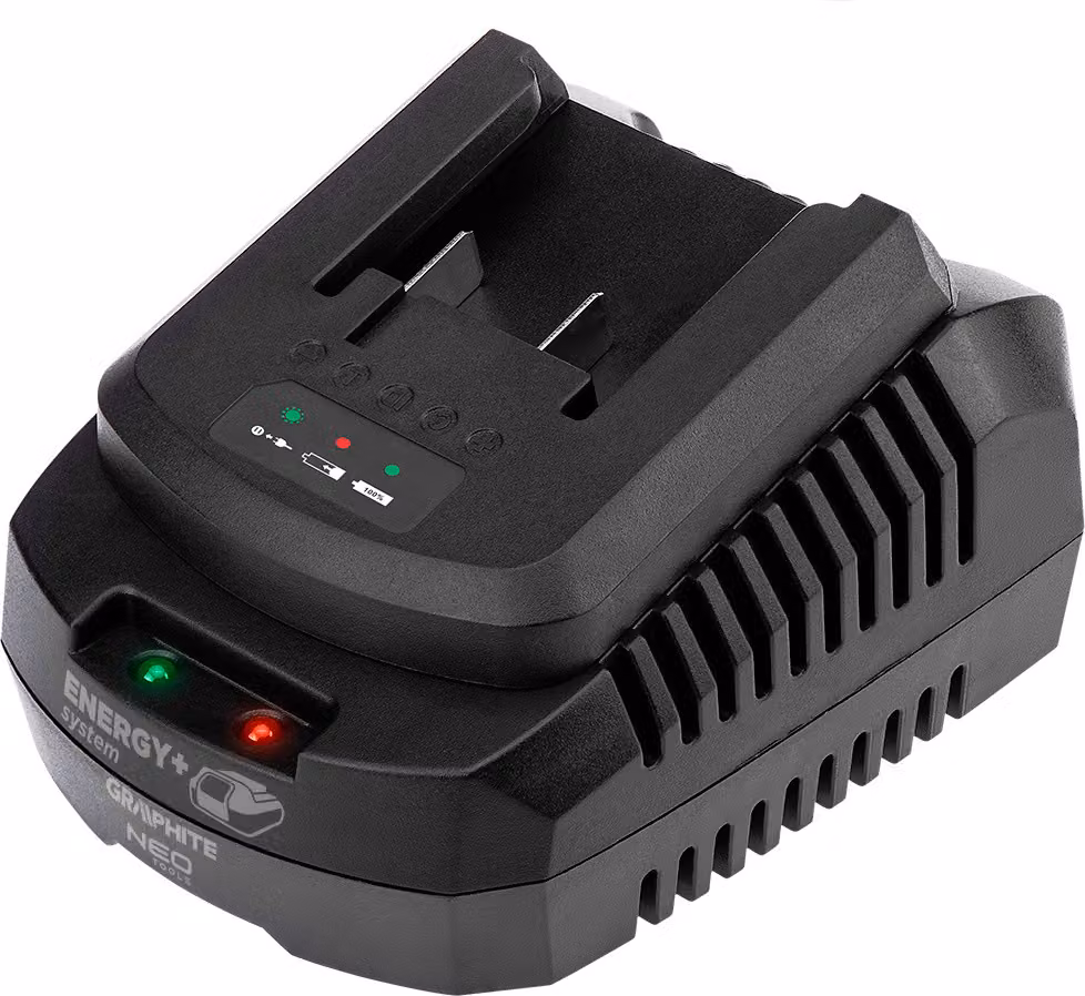 Caricabatterie GRAPHITE Energy+ per batterie agli ioni di litio da 18 V - corrente di carica 2,3 A, controllo intelligente della tensione e della temperatura, compatibile con GRAPHITE e NEO TOOLS
