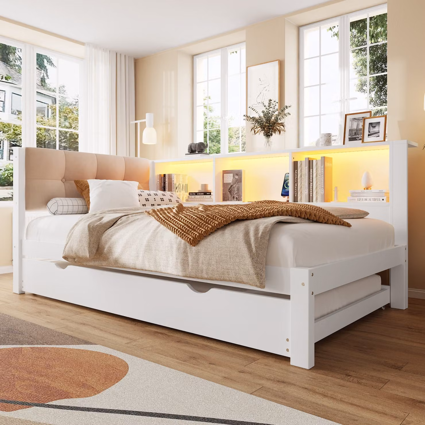 okwish daybed 90x200, divano letto con letto estraibile e ripiano, daybed con striscia LED e connessione USB, senza materasso, beige