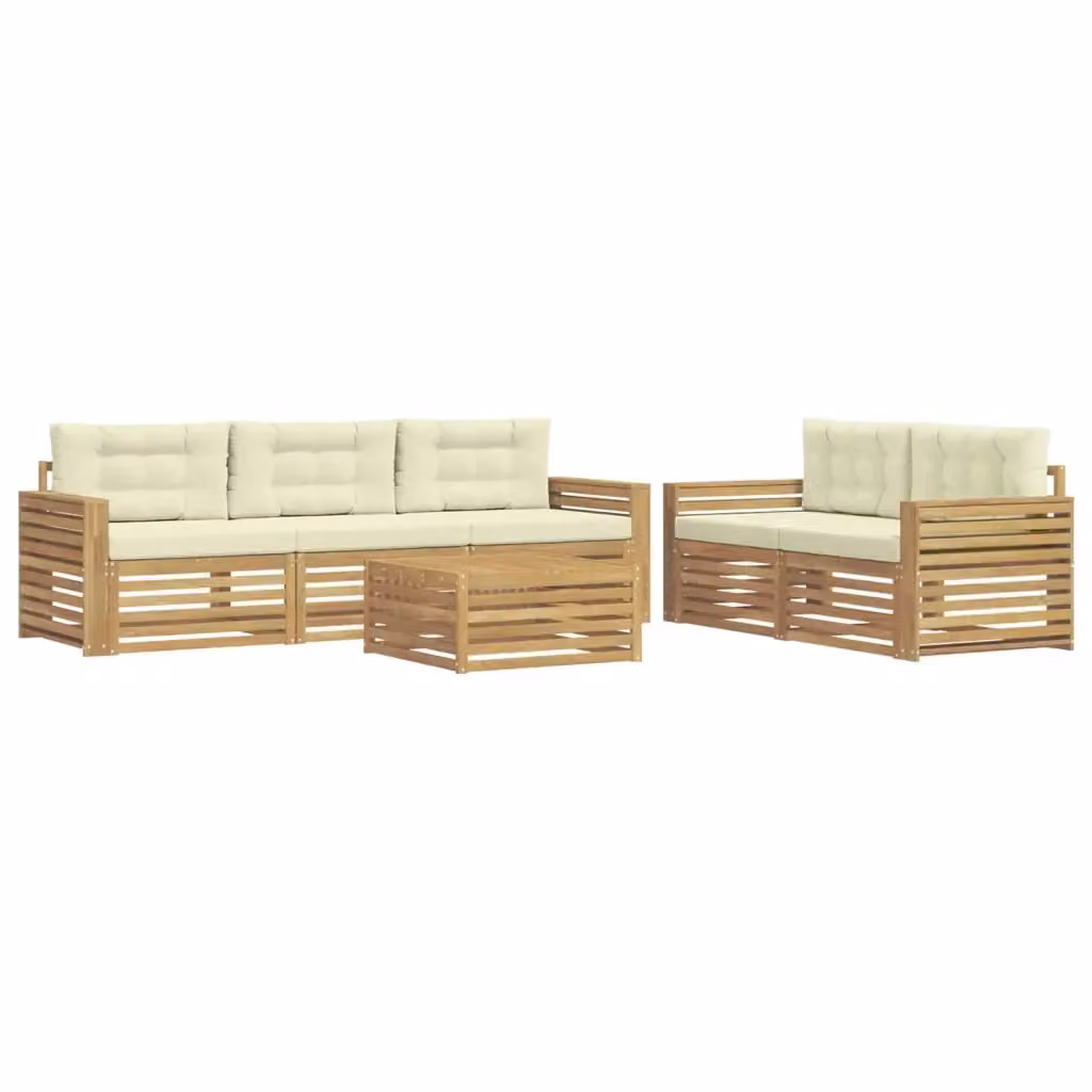 Set di divani da esterno a L con tavolino vidaXL in legno di acacia, colore bianco e beige, composto da 6 pezzi con cuscini inclusi – 2