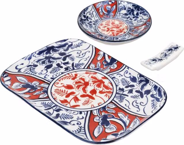 Set sushi Sushiko in ceramica con 3 pezzi e piattino rettangolare decorazione floreale rosso e blu L: 23 cm