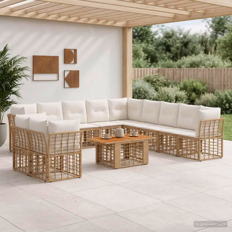 Set Divano da Giardino vidaXL 12 pz a Forma a L con Tavolino, Polyrattan e Cuscini, Colore Naturale e Bianco Crema
