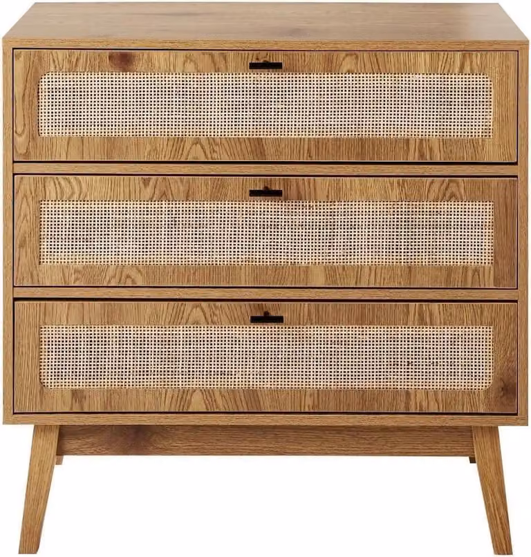Calicosy - Cassettiera con 3 cassetti, frontali in rattan e gambe in legno, L80 cm - ALIA