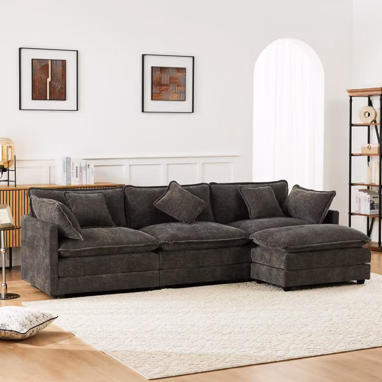 Divano angolare Merax con funzione letto, divano a L a 3 posti con poggiapiedi, cuscini, divano da salotto, set di divani, divano, divano, ciniglia, grigio scuro