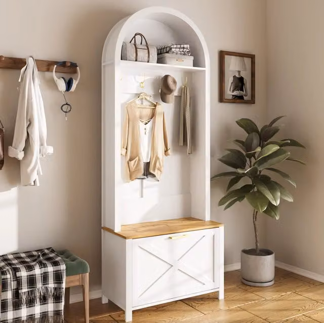 Garderobiera multifunzione moderna con panca, porta scarpe e ganci in MDF, bianco e marrone, H: 195 cm, L: 75 cm, P: 35 cm – 1