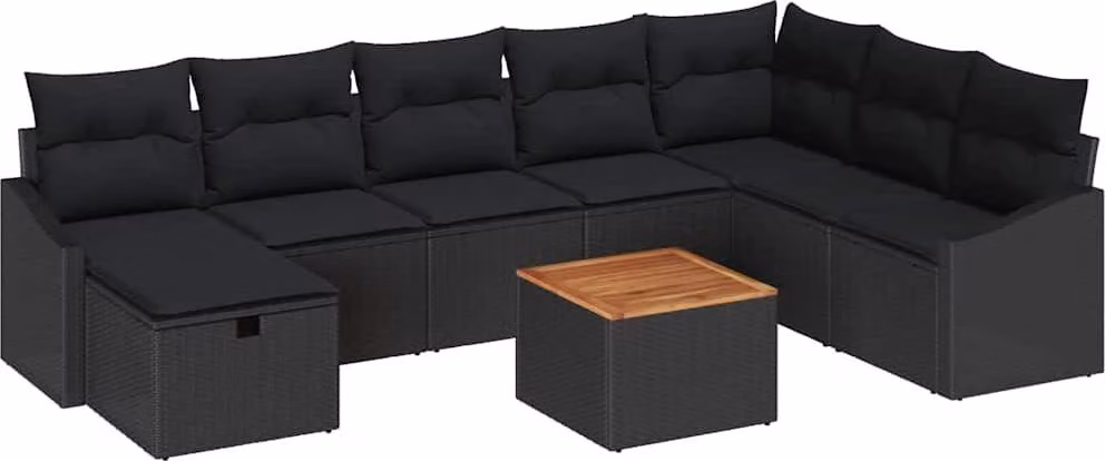 Set Divano da Giardino con cuscino 9 pcs Nero polyrattan