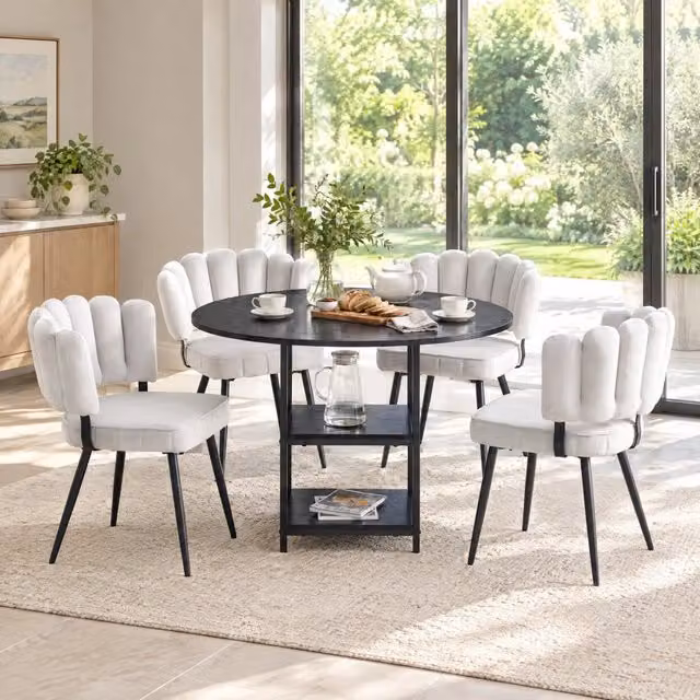 Set tavolo rotondo nero e 4 sedie grigio chiaro