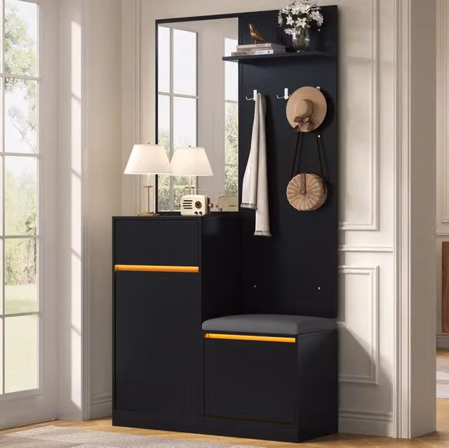 Garderobe moderna con scarpiera; specchio e LED 105x38x190 cm; MDF e pannello truciolare; nera