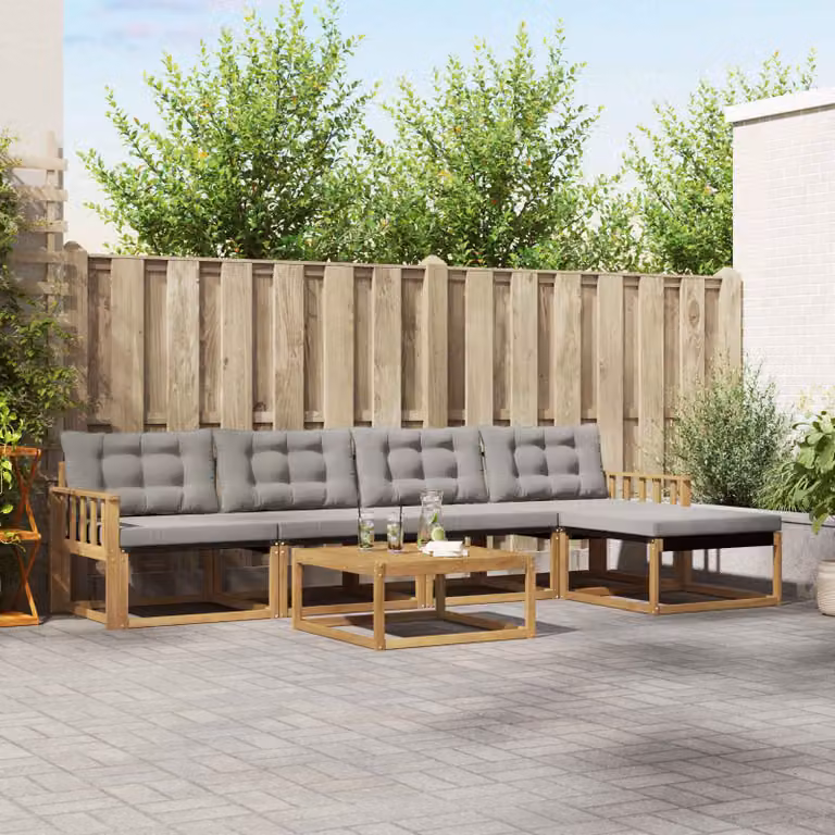 Set di divani da esterno vidaXL a forma di L composto da 6 pezzi con tavolo da caffè, pouf ed elementi angolari, in legno di acacia e tessuto textilene, colori bianco e grigio