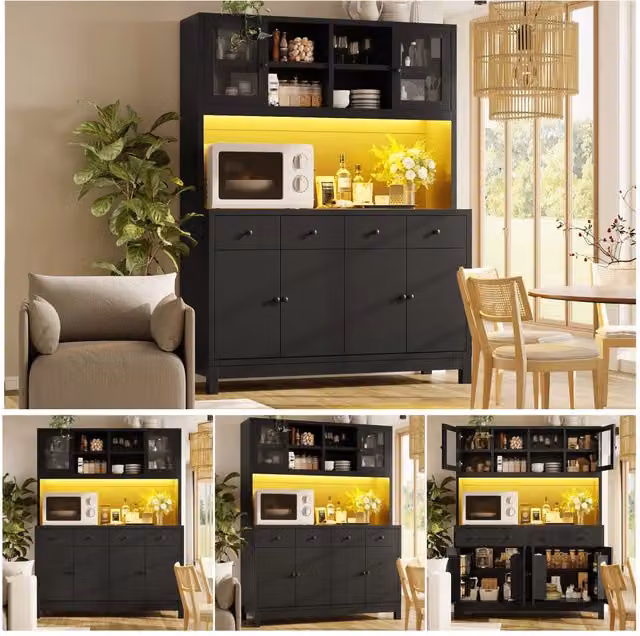 Alta Credenza 140x38,5x180 cm Nera con Ante in Vetro, 4 Cassetti e Ripiani Regolabili, LED RGB App-Controllo, Portata 100 kg