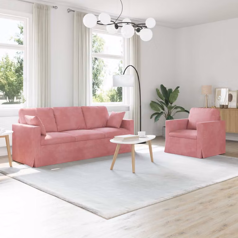 Set di 2 divani vidaXL a forma di L in velluto rosa con struttura in metallo, L: 198 cm, P: 80 cm, H: 78 cm