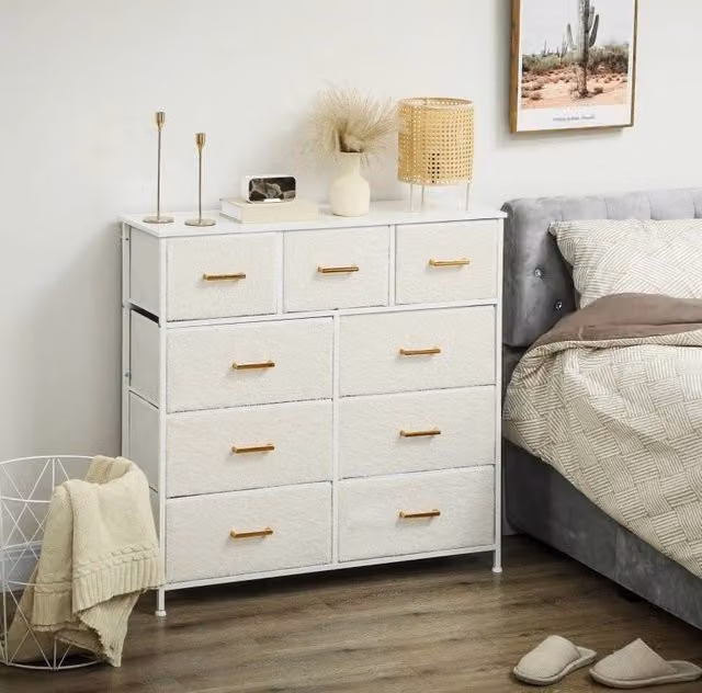 Cassettiera ULEVR 100x30x99 cm con 9 cassetti in tessuto, struttura in acciaio e piano in truciolare, bianco crema