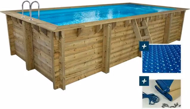 Piscina rettangolare fuori terra in legno Habitat et Jardin Tobago colore marrone con copertura a bolle e copertura invernale L: 620 cm, P: 300 cm, H: 131 cm – 1
