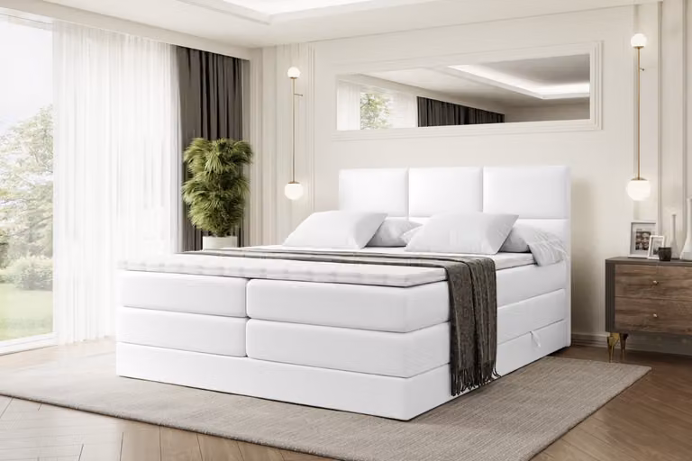 Letto boxspring ALTDECOR con 2 materassi e topper - 180x200 cm - OHIO KING - Pelle finta bianca - Letto imbottito con materassi H3 e H4, contenitore e rete a doghe, letto con spazio contenitivo