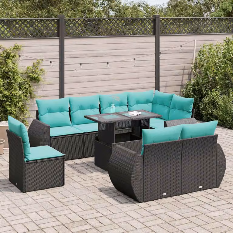 Set Divani da Giardino vidaXL 9 pz in Polyrattan con Cuscini e Tavolino da Caffè, Design Moderno a U, Colore Nero e Acacia