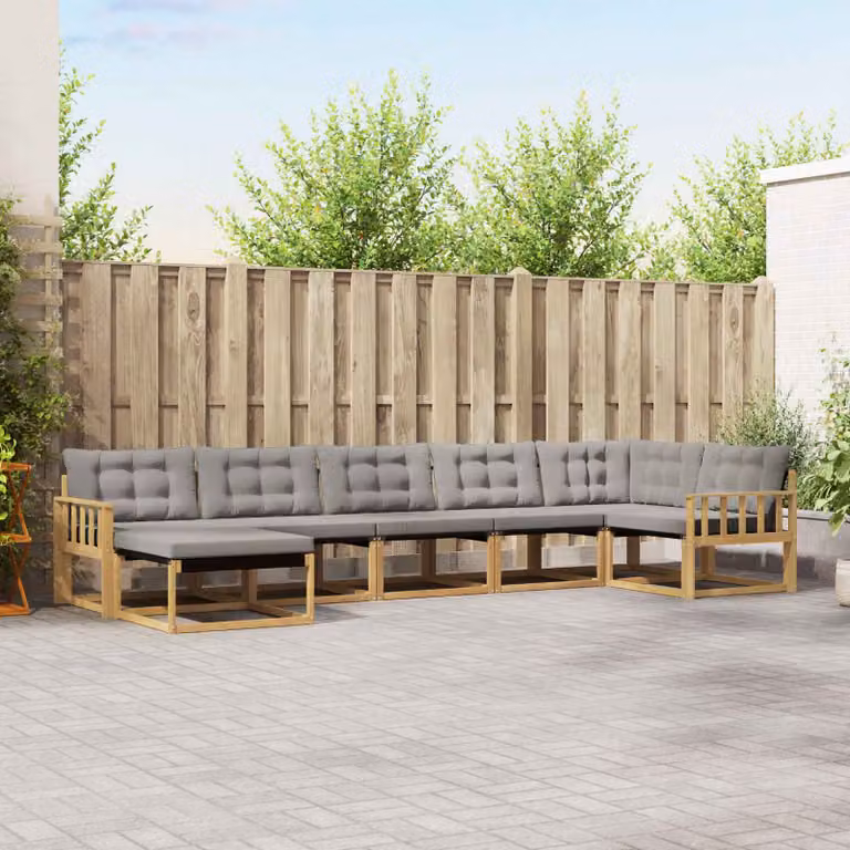 Set di divani da esterno vidaXL 7 pz a forma di L in legno di acacia con pouf, colore bianco e grigio