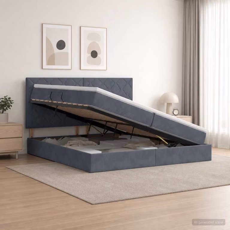 Letto con contenitore e materasso vidaXL Grigio, stile moderno con base a sollevamento e illuminazione sottostante, L/P/H: 200 x 200 x 140 cm