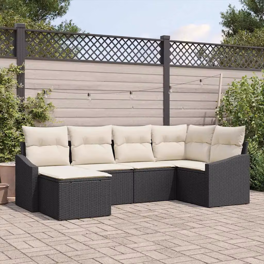 Set di divani da giardino vidaXL a forma di L con cuscini beige e struttura in rattan nero e acciaio, composto da 6 pezzi con tavolino e pouf – 1