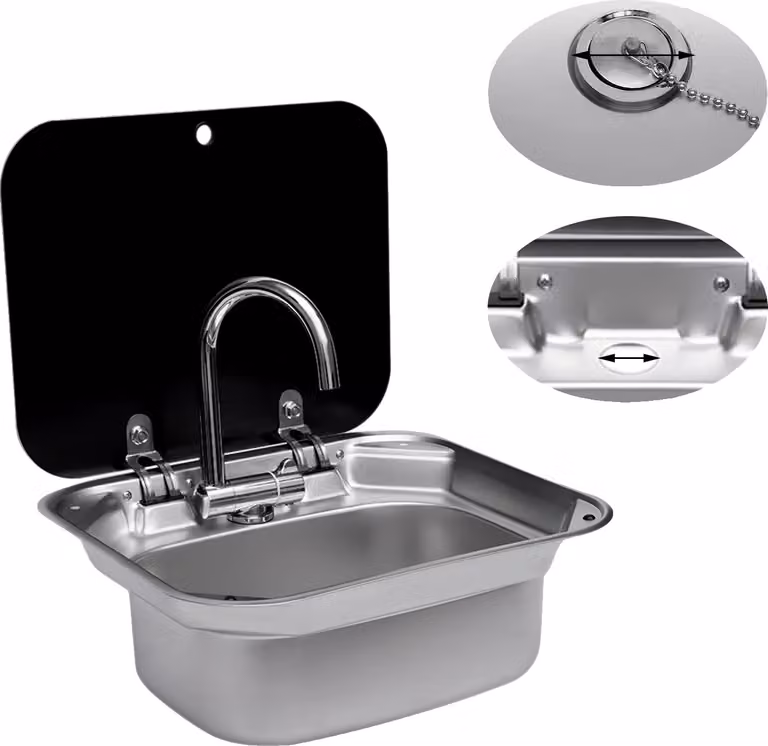 Lavabo da bagno in acciaio inossidabile, dimensioni compatte, pratico coperchio pieghevole, finitura nero argento
