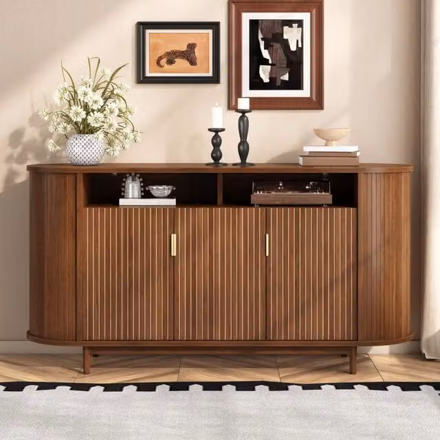 Credenza, mobile da ingresso, armadio a 3 ante, effetto legno, MDF, gambe in legno, colore noce