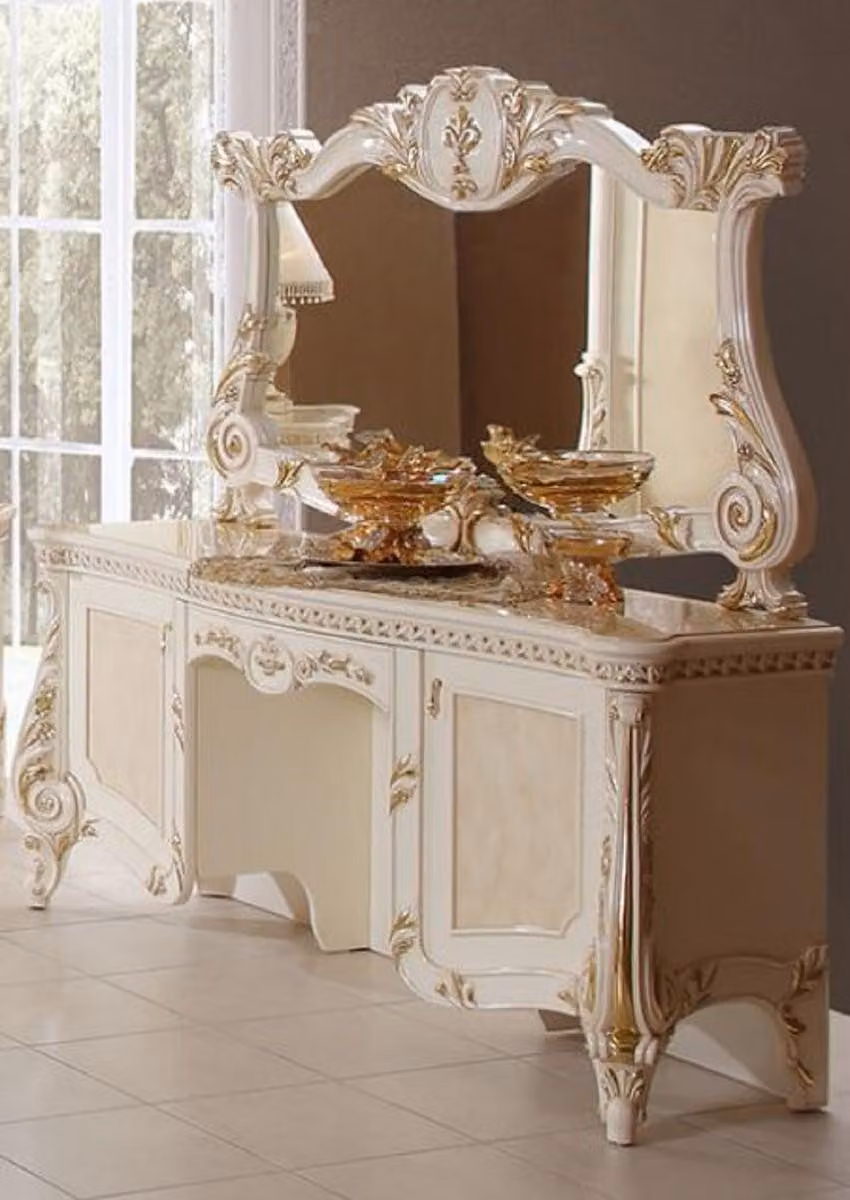 Casa Padrino Set da letto barocco Beige / Bianco / Oro - 1 comò barocco e 1 specchio barocco - Mobili da camera da letto in stile barocco - Mobili barocchi - Nobile e magnifico