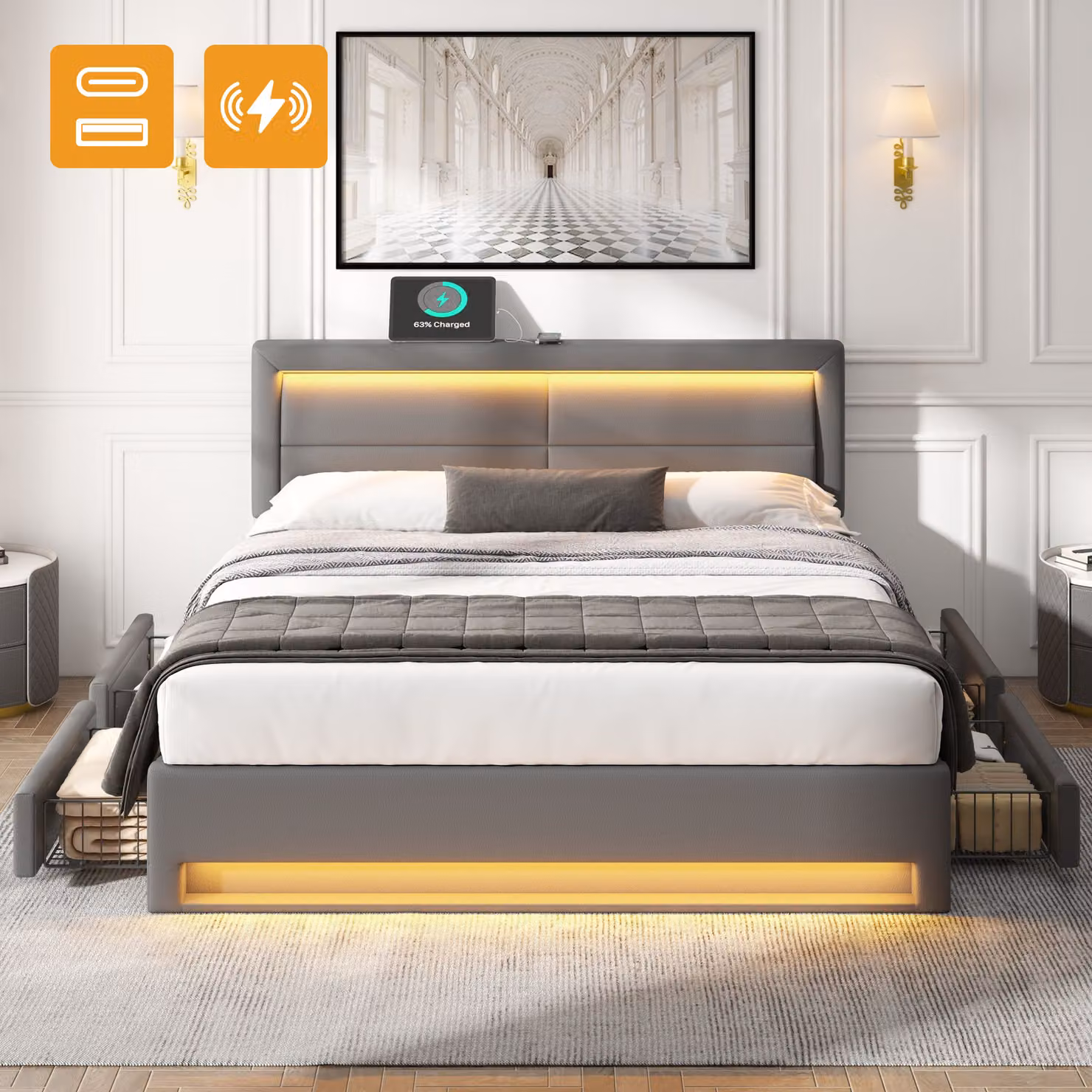 okwish Letto imbottito, letto per bambini, 140 x 200 cm, con porta USB e illuminazione a LED e 4 cassetti, con materasso, grigio