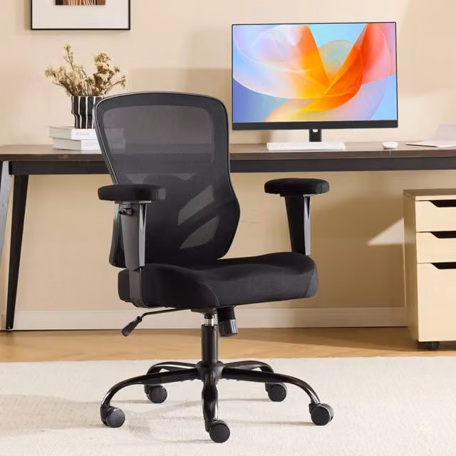 Sedia da ufficio ergonomica OKWISH in pelle nera con supporto lombare, braccioli regolabili 2D e funzione reclinabile, L: 61 cm, P: 28 cm, H: 58 cm