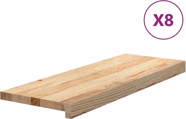 Set di 8 tappetini autoadesivi per scale in rovere massello non trattato, colore marrone, L: 70 cm, P: 30 cm, H: 2 cm