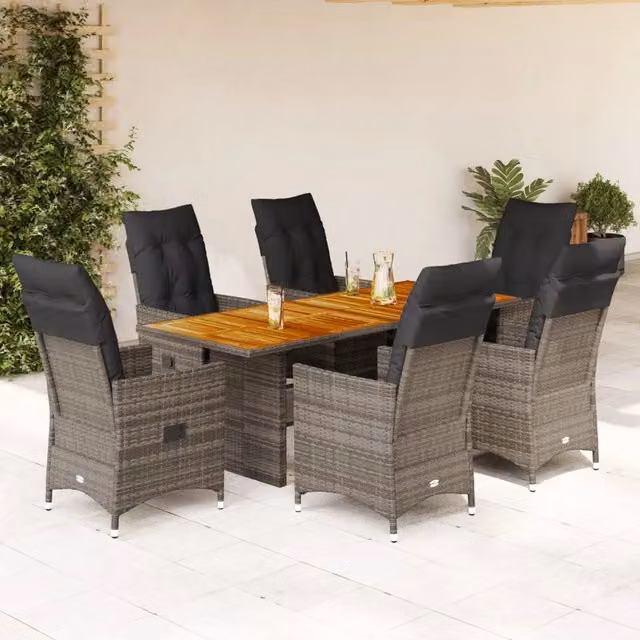 Set da pranzo da giardino vidaXL in polyrattan e legno di acacia grigio, 7 pezzi