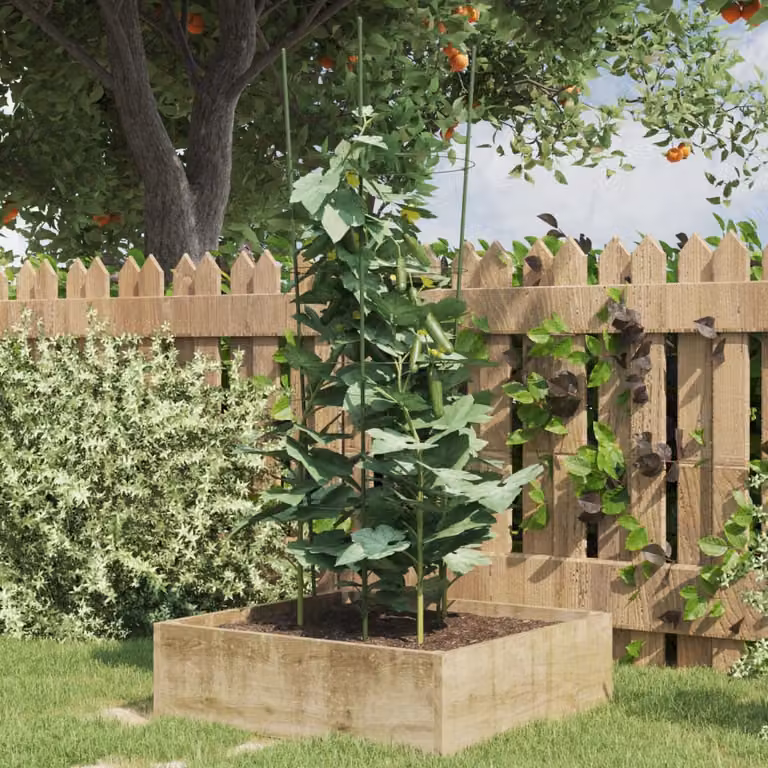 Set di 5 supporti per piante da giardino vidaXL in acciaio verde con 4 anelli, Altezza: 90 cm
