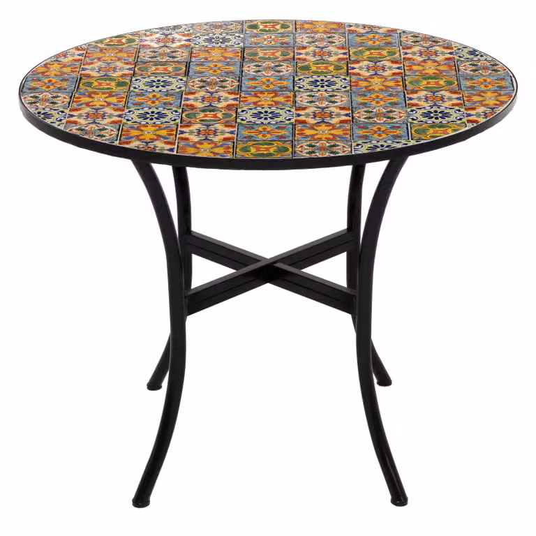 Vestiamo Casa Tavolo Tondo Moderno in Metallo Nero con Top in Ceramica Floreale, Diametro: 90 cm, Altezza: 75 cm