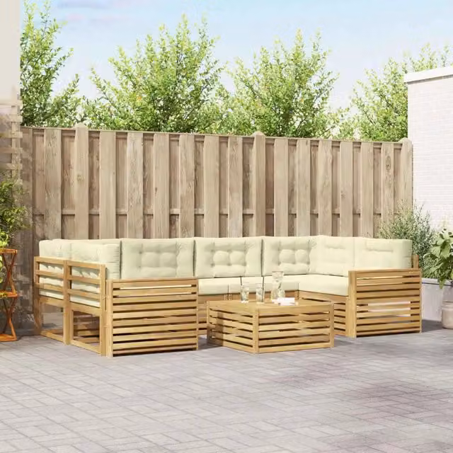 Set di divani da esterno a forma di U vidaXL in legno di acacia con tavolino e cuscini, Bianco e Beige