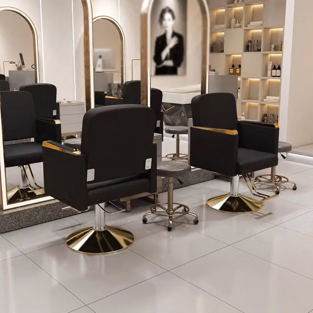 Sedia da Salone Idraulica Minimal Nero e Oro in Ecopelle con Struttura in Metallo, Girevole 360 e Altezza Regolabile – 1